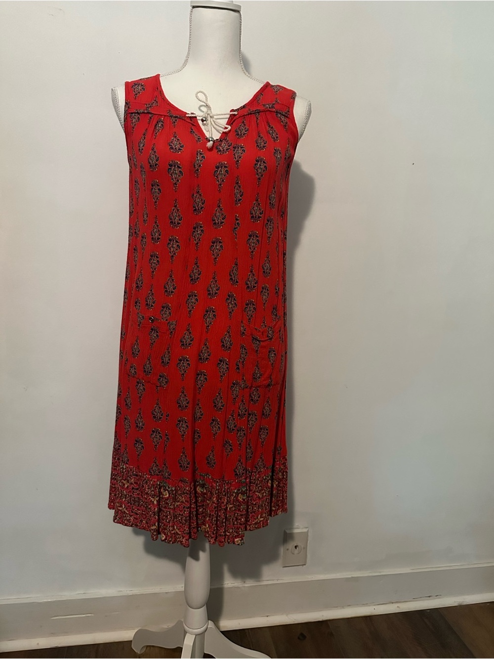 Cato Red Printed Sleeveless Midi Dress with Lace Tie